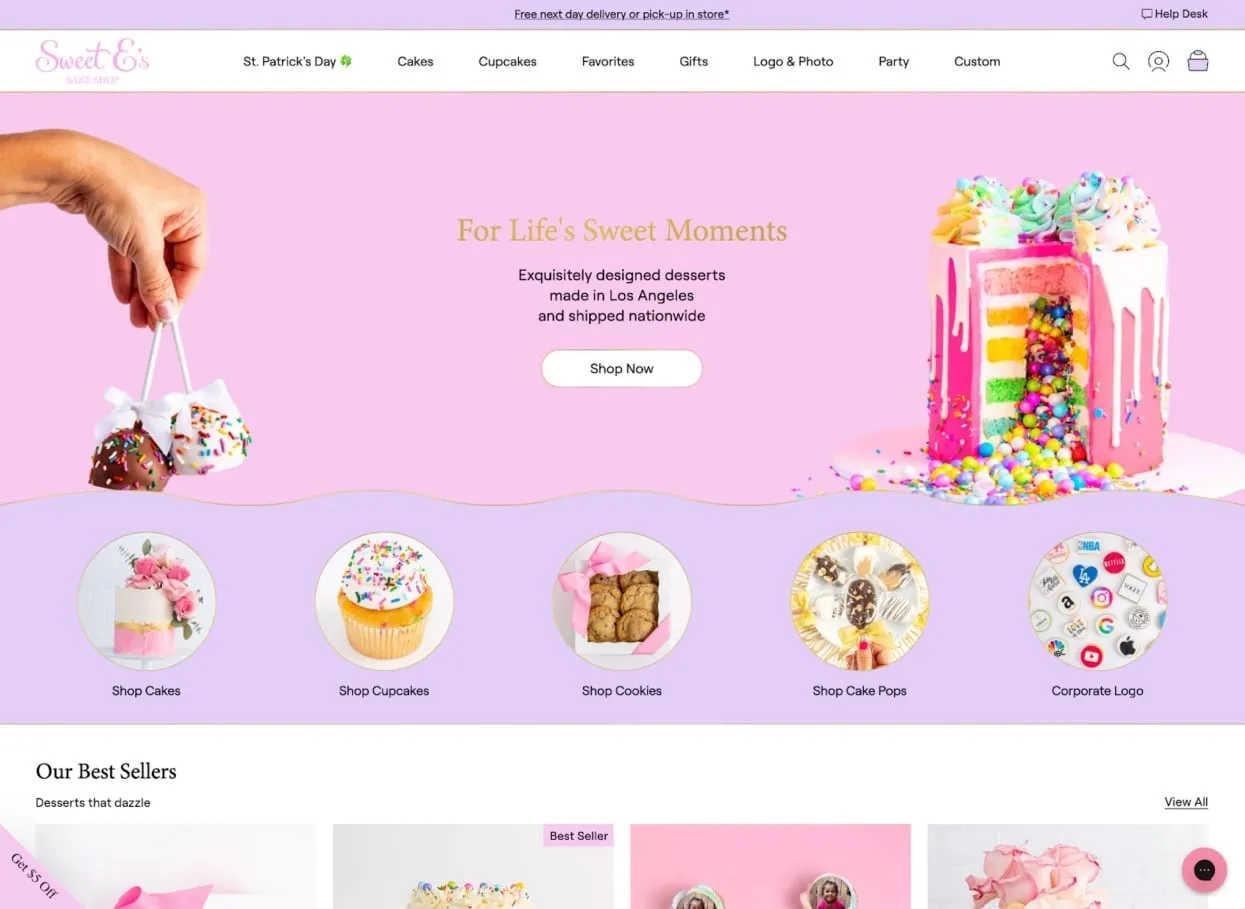 The Sweet E's Bake Shop online store, headlined For Life's Sweet Moments above links to shop cakes, cupcakes, cookies and cake pops