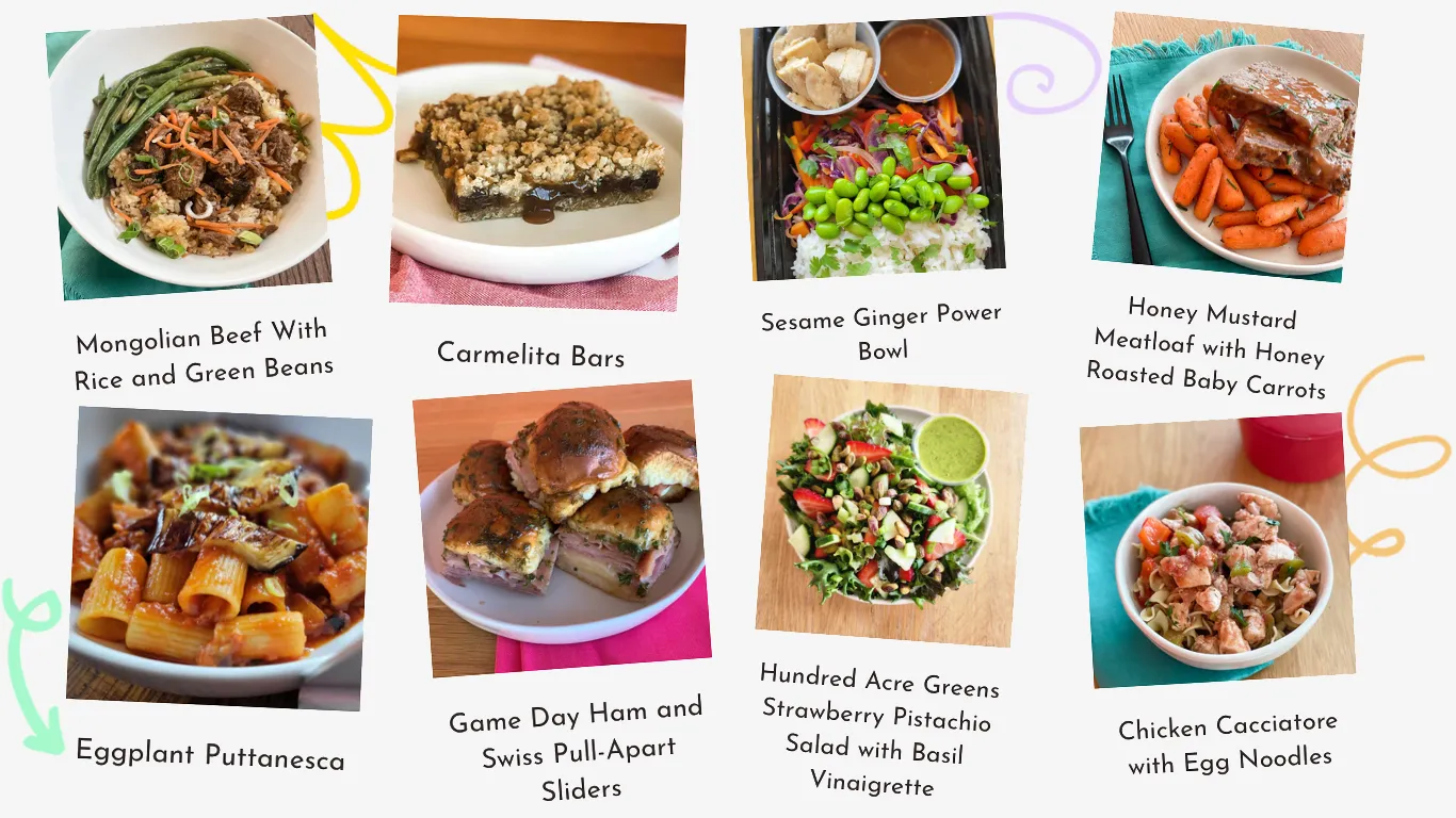 A grid of eight Real Good Life menu dishes, from Mongolian beef and eggplant puttanesca to carmelita bars and chicken cacciatore